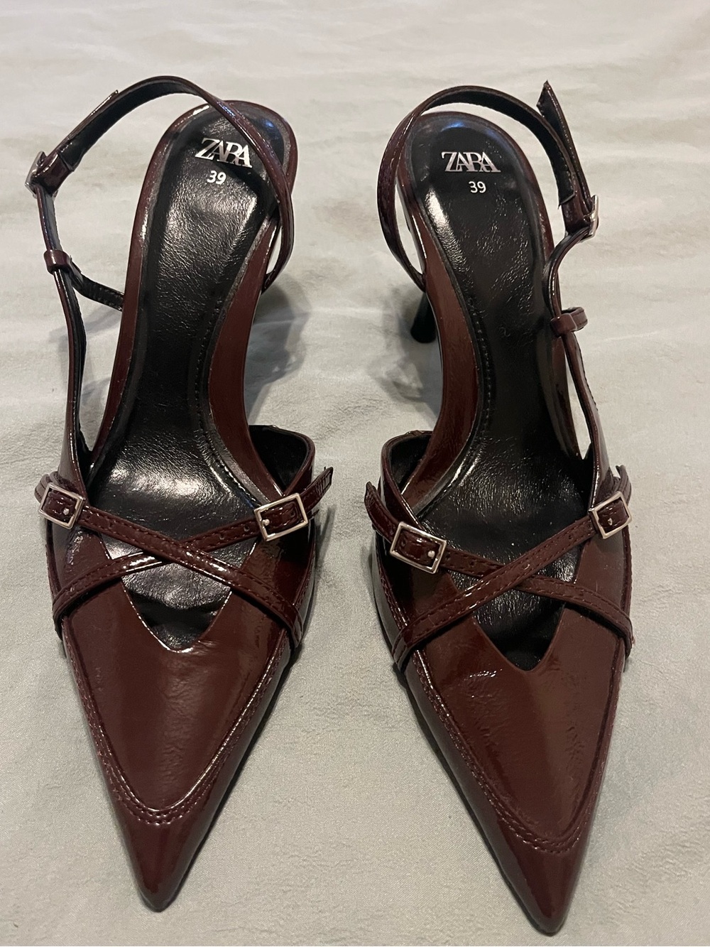 Zara Pointed Toe Strappy Slingback Heels in Patent Oxblood Red - Size 39/8.5